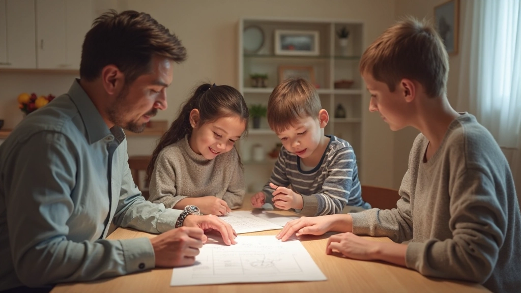 Семья обсуждает финансовые цели за столом с графиками