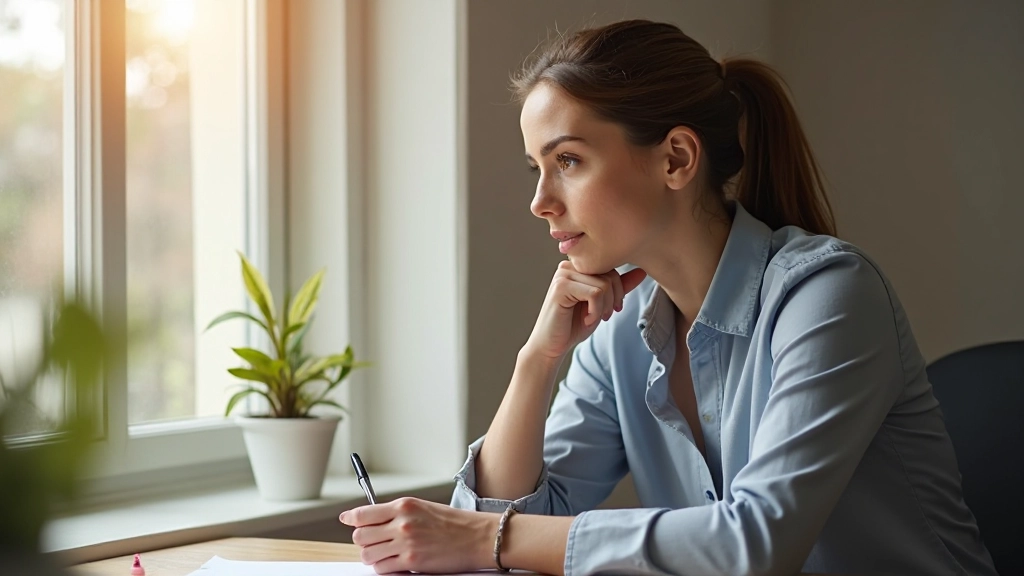 Портрет профессиональной женщины размышляющей над финансовыми планами у окна