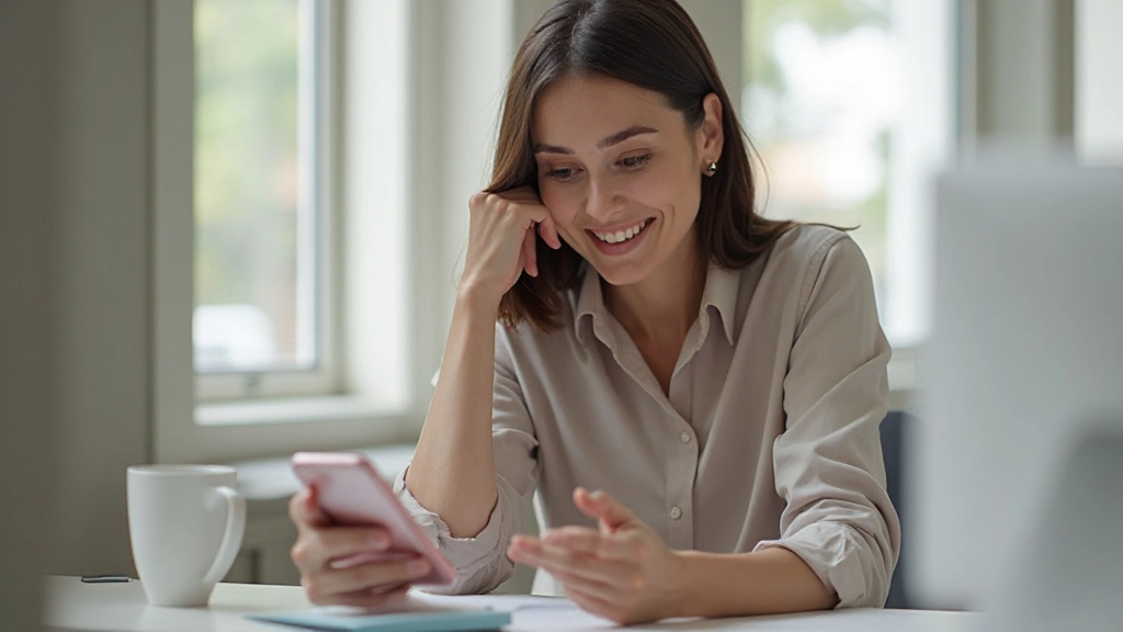 Портрет женщины проверяющей мобильный банк с улыбкой в офисе